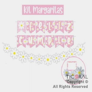 KIT FELIZ CUMPLE MARGARITA ( BANDERIN - GUIRNALDA - ADORNO)